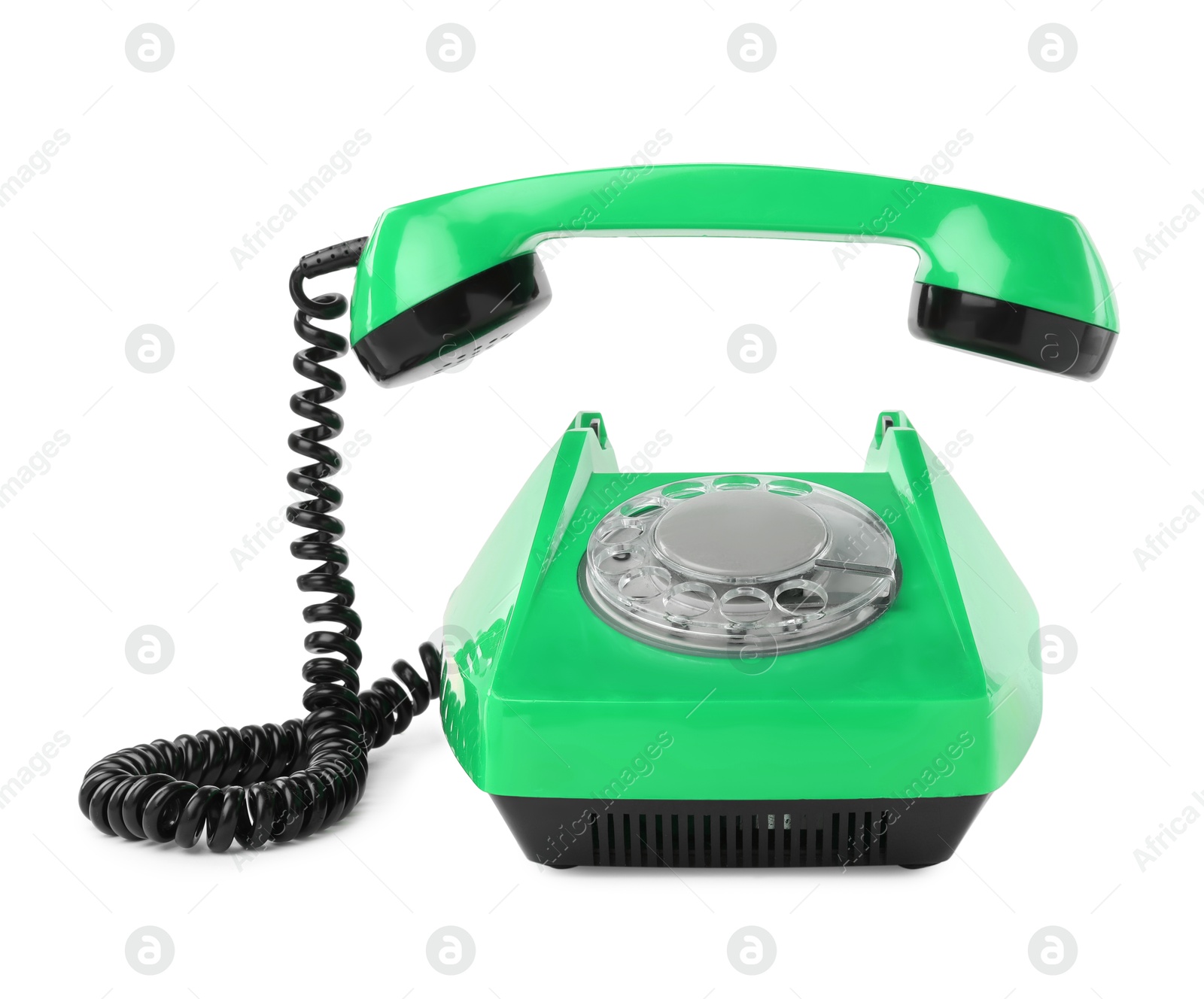 Image of Old green telephone with rotary dial isolated on white