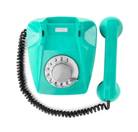 Image of Old turquoise color telephone with rotary dial isolated on white, top view