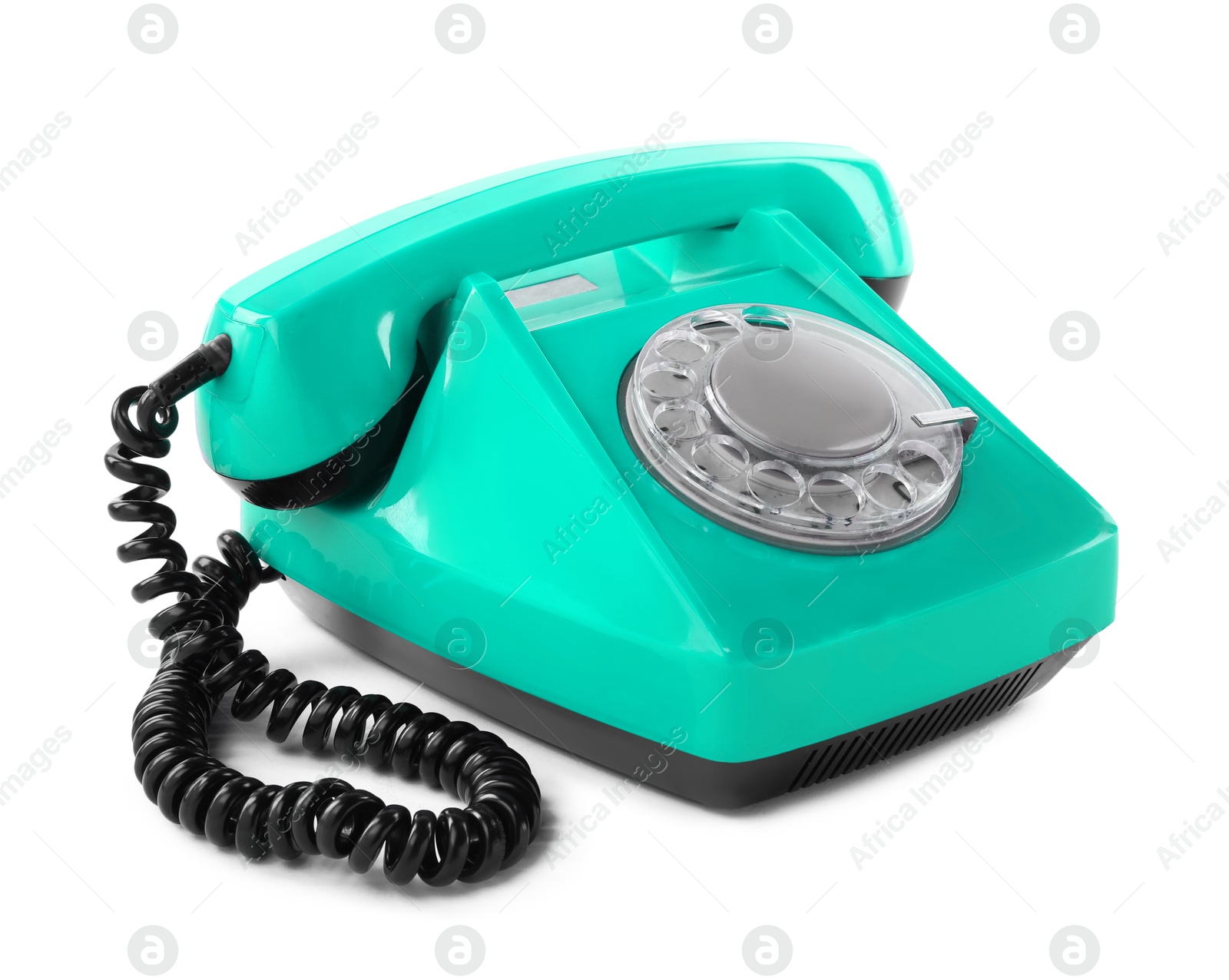 Image of Old turquoise color telephone with rotary dial isolated on white