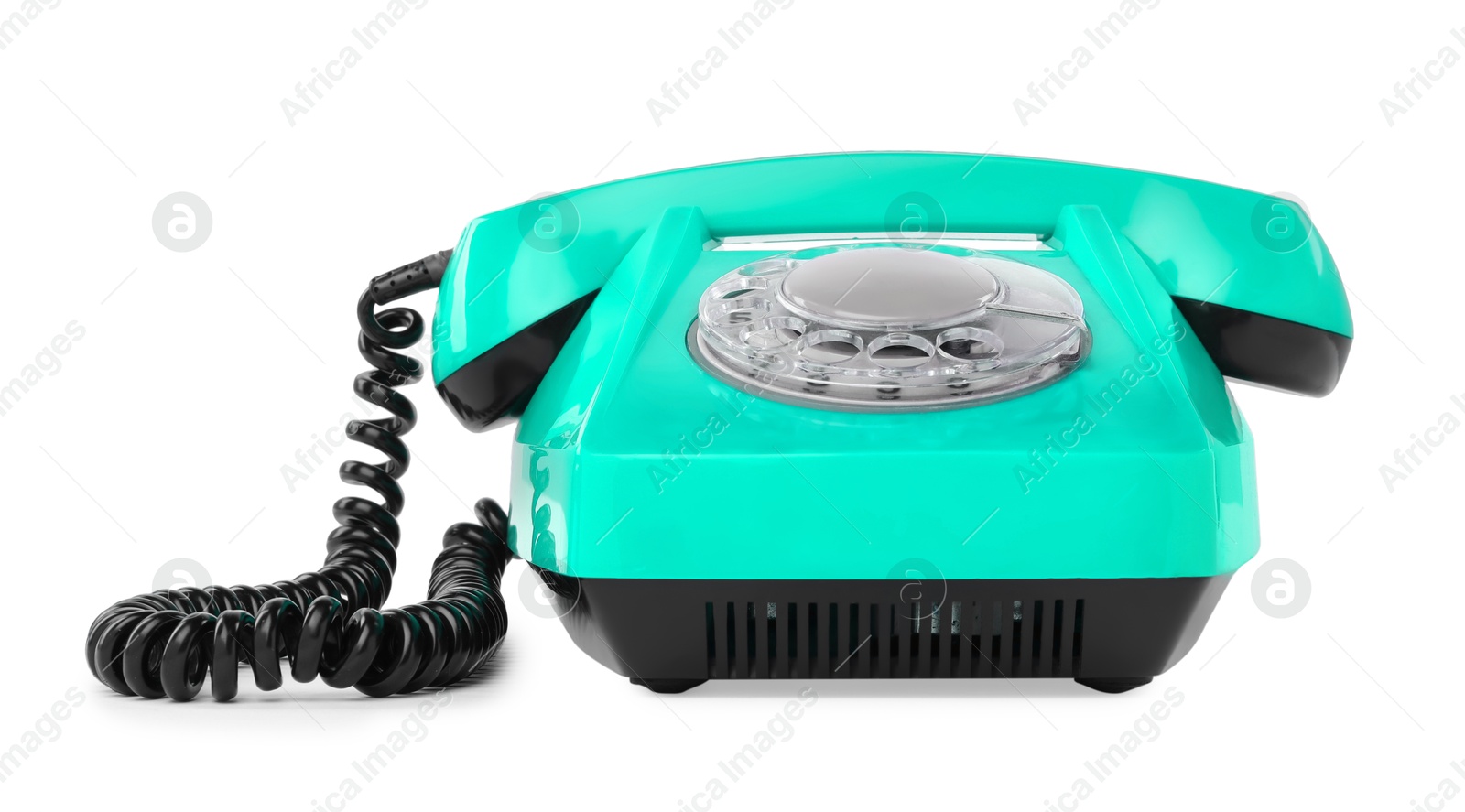 Image of Old turquoise color telephone with rotary dial isolated on white