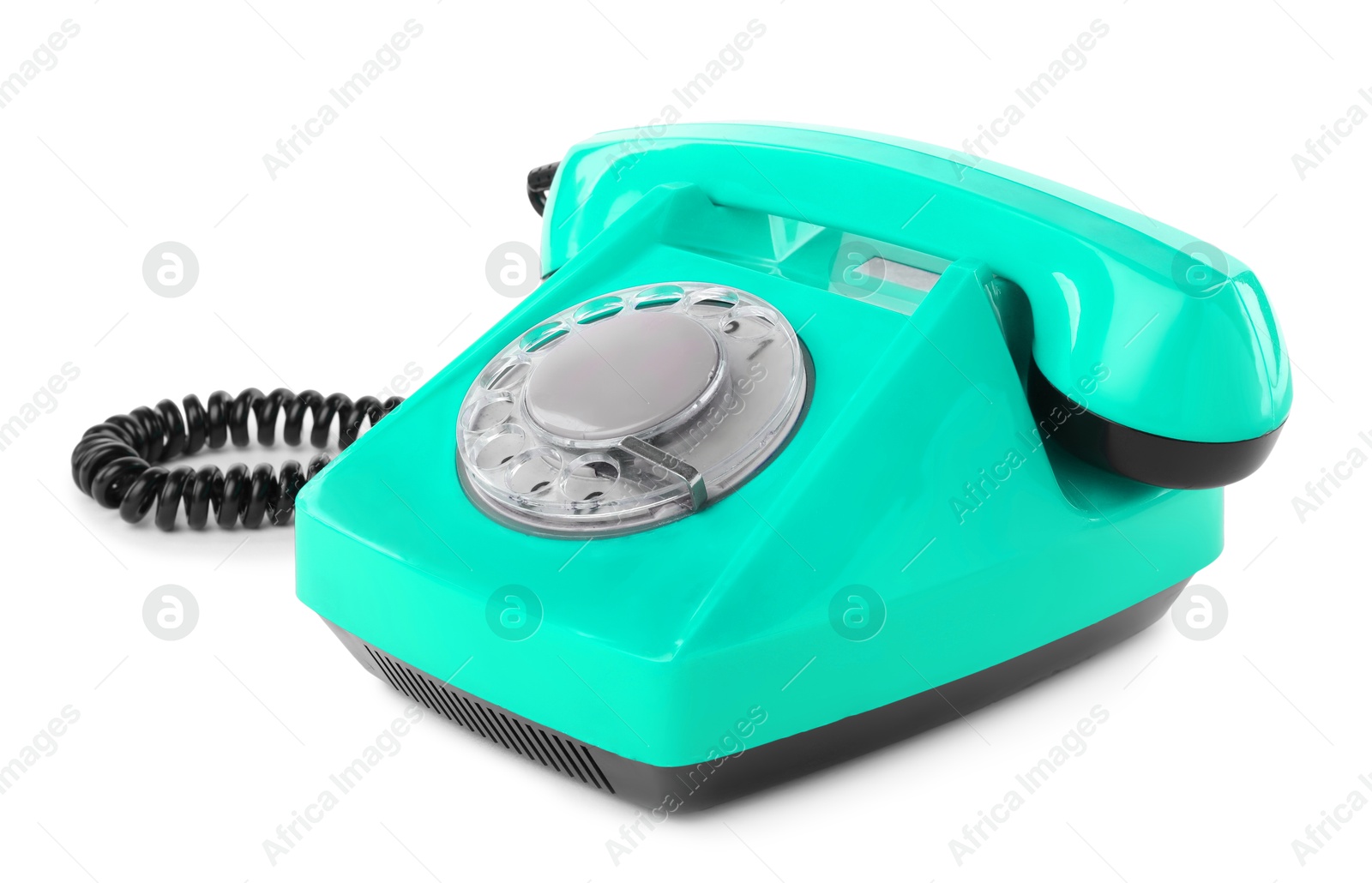 Image of Old turquoise color telephone with rotary dial isolated on white