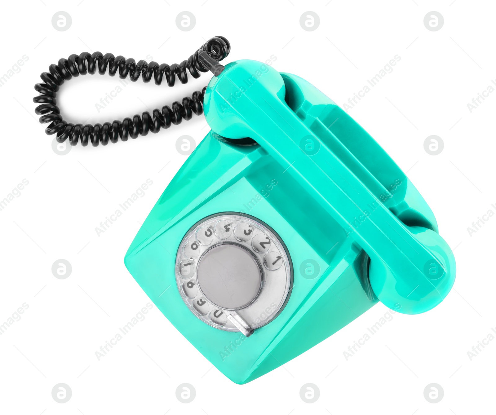 Image of Old turquoise color telephone with rotary dial isolated on white, top view