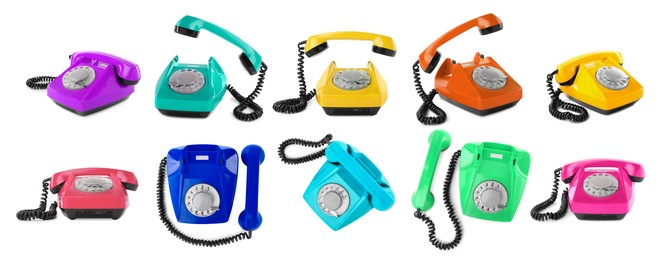 Image of Old telephone with rotary dial of different colors isolated on white, set