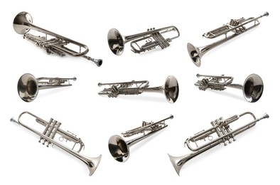 Image of Trumpet isolated on white, collage. Musical instrument