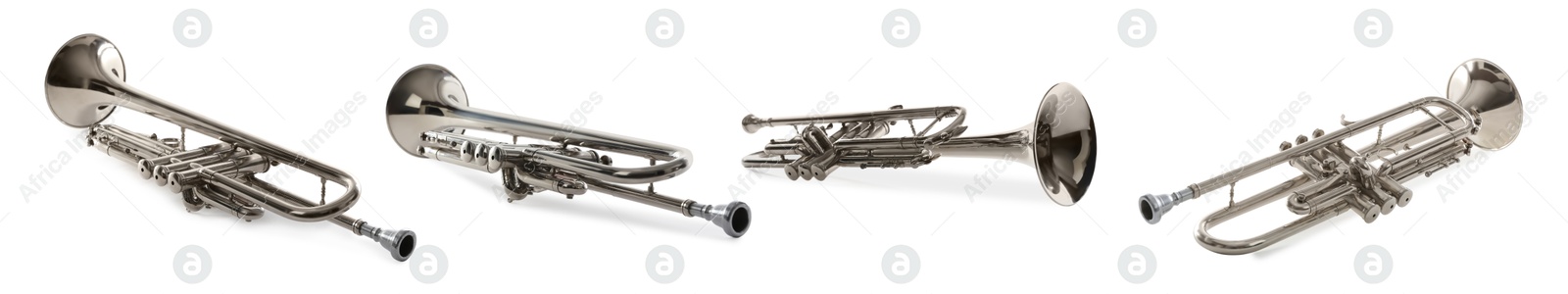 Image of Trumpet isolated on white, collage. Musical instrument