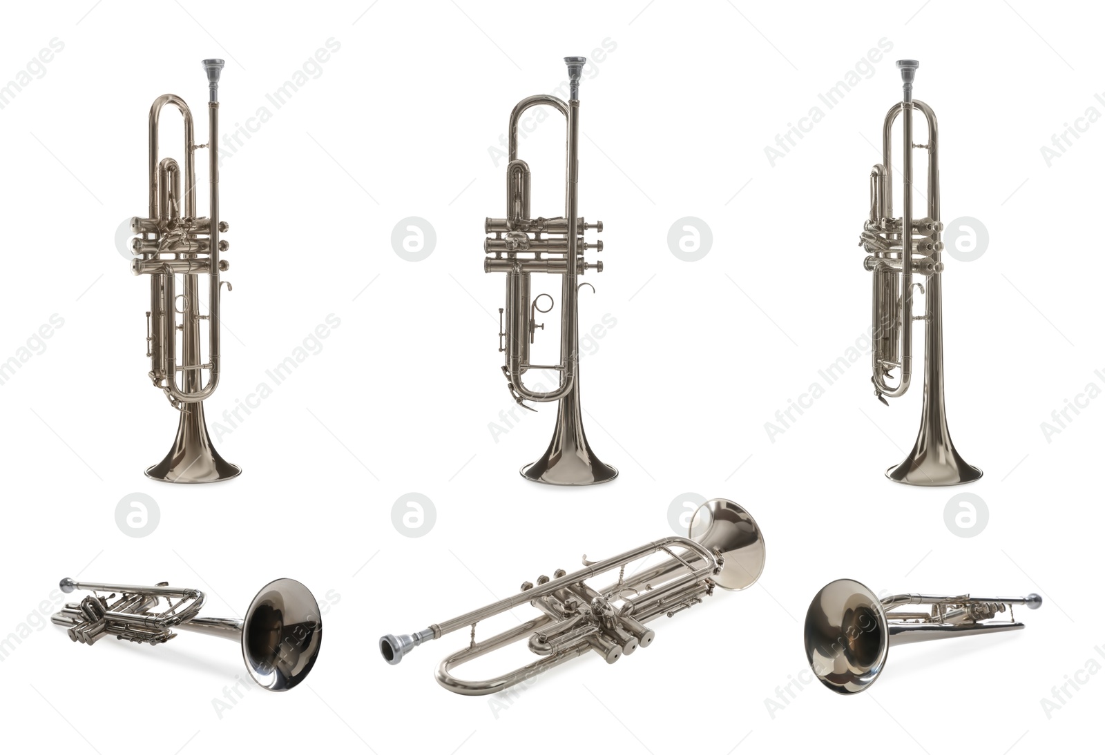 Image of Trumpet isolated on white, collage. Musical instrument