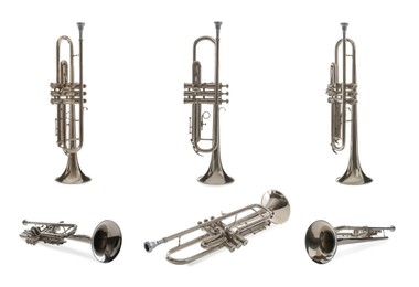 Image of Trumpet isolated on white, collage. Musical instrument