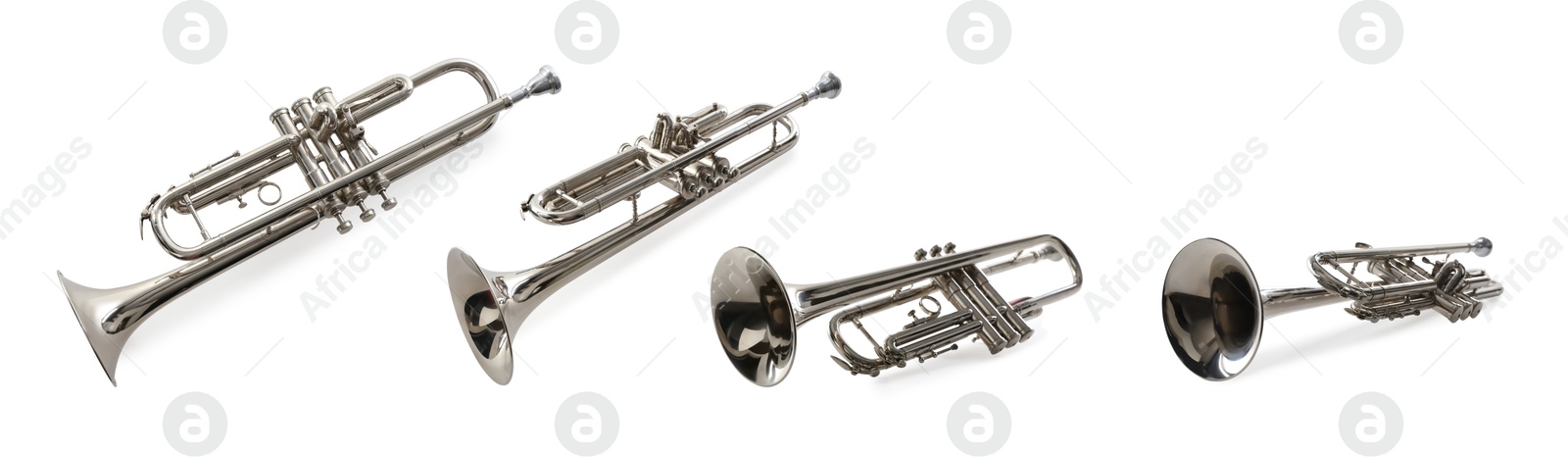 Image of Trumpet isolated on white, collage. Musical instrument