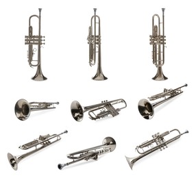 Image of Trumpet isolated on white, collage. Musical instrument