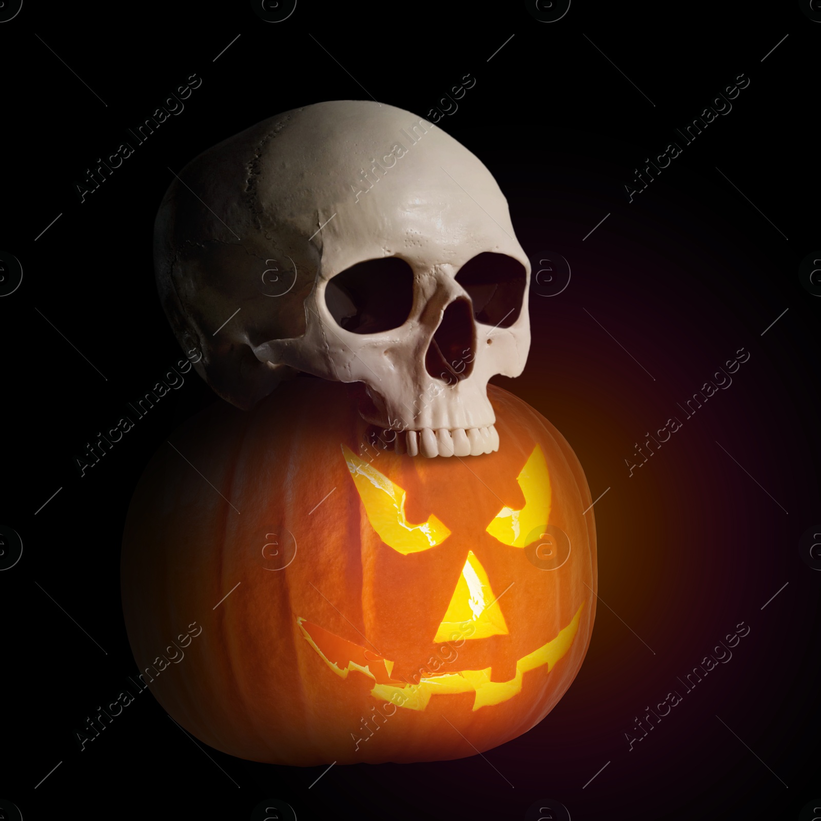 Image of Spooky glowing jack o'lantern and scary skull on black background. Halloween celebration