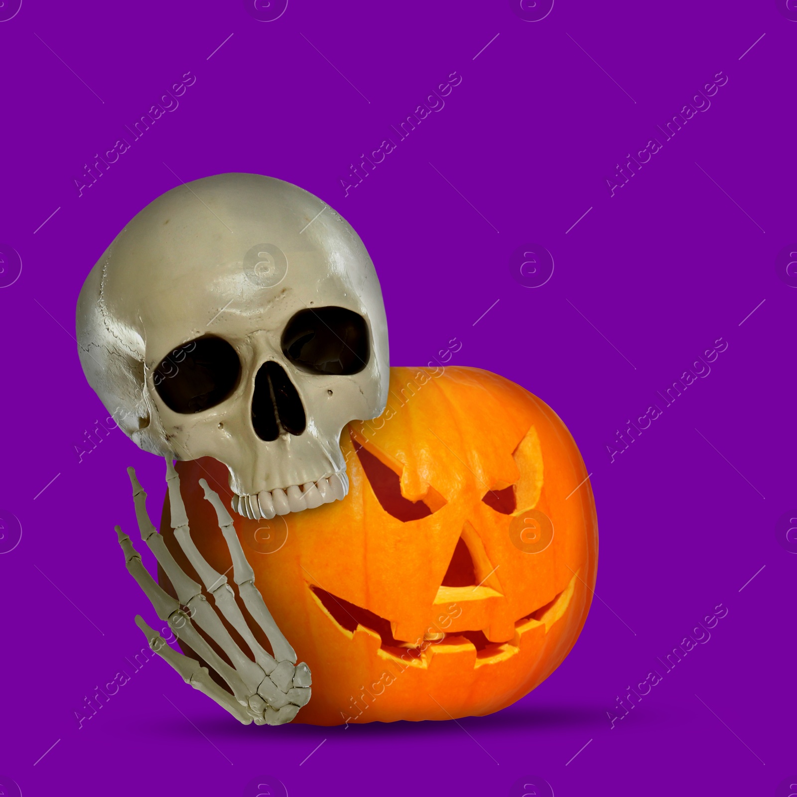 Image of Scary skeleton with spooky jack o'lantern on purple background, space for text. Halloween celebration