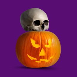 Image of Spooky glowing jack o'lantern and scary skull on purple background. Halloween celebration