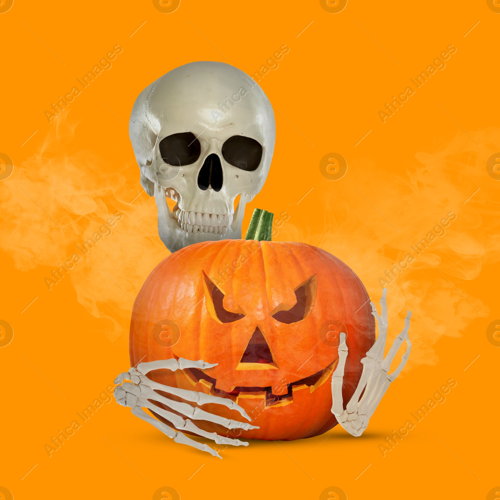 Image of Scary skeleton with spooky jack o'lantern in smoke on orange background. Halloween celebration