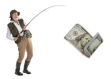 Image of Fisherman catching dollar banknote with rod on white background. Money chase, business success concepts