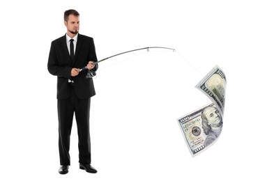 Image of Businessman catching dollar banknote with fishing rod on white background. Money chase, business success concepts