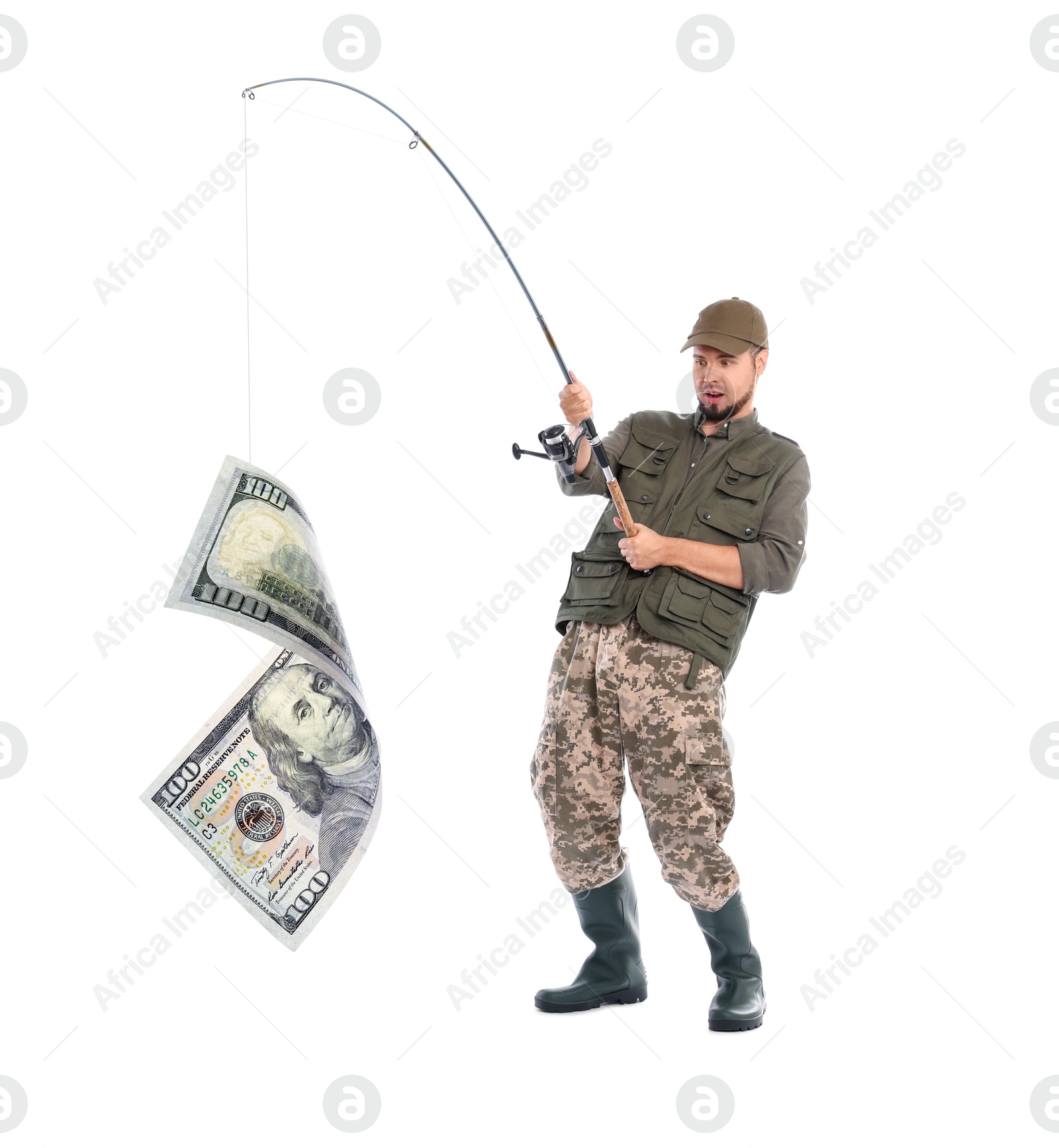 Image of Fisherman catching dollar banknote with rod on white background. Money chase, business success concepts