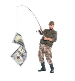 Fisherman catching dollar banknote with rod on white background. Money chase, business success concepts