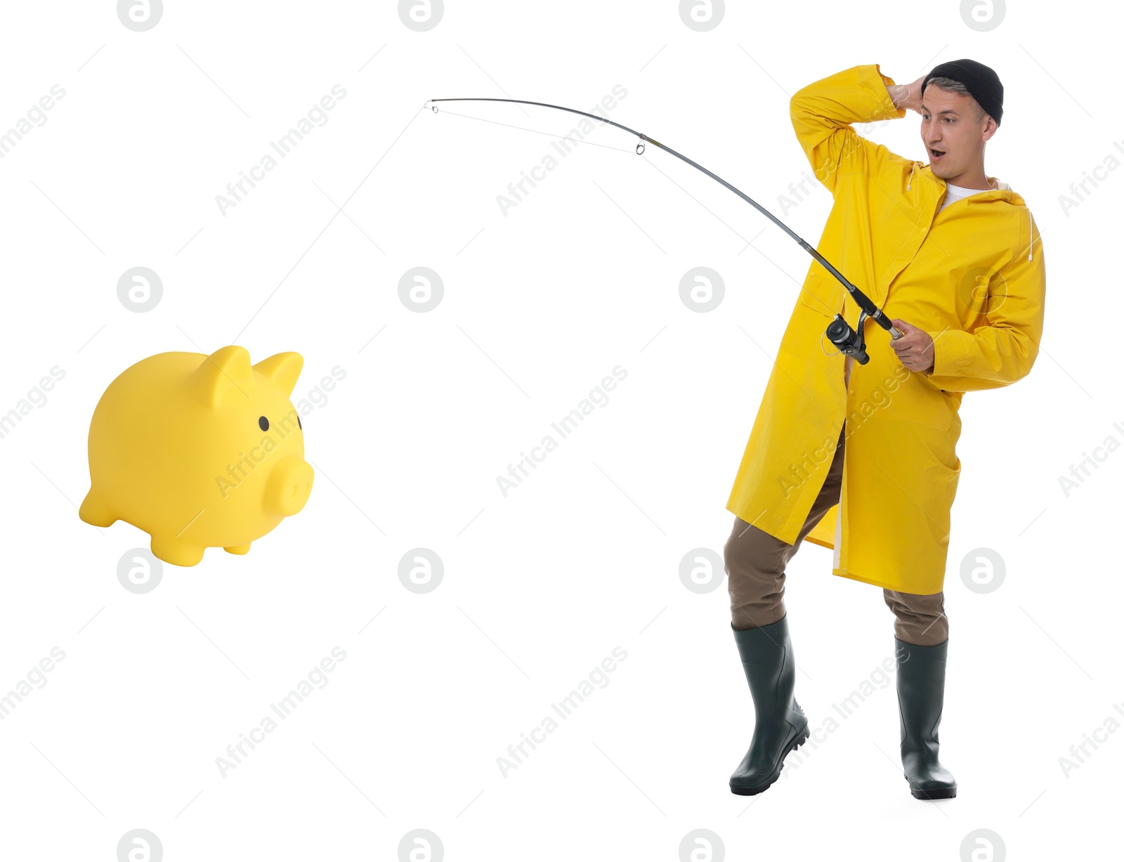 Image of Fisherman catching piggy bank with rod on white background. Money chase, business success concepts