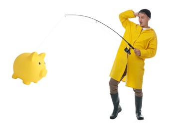 Fisherman catching piggy bank with rod on white background. Money chase, business success concepts