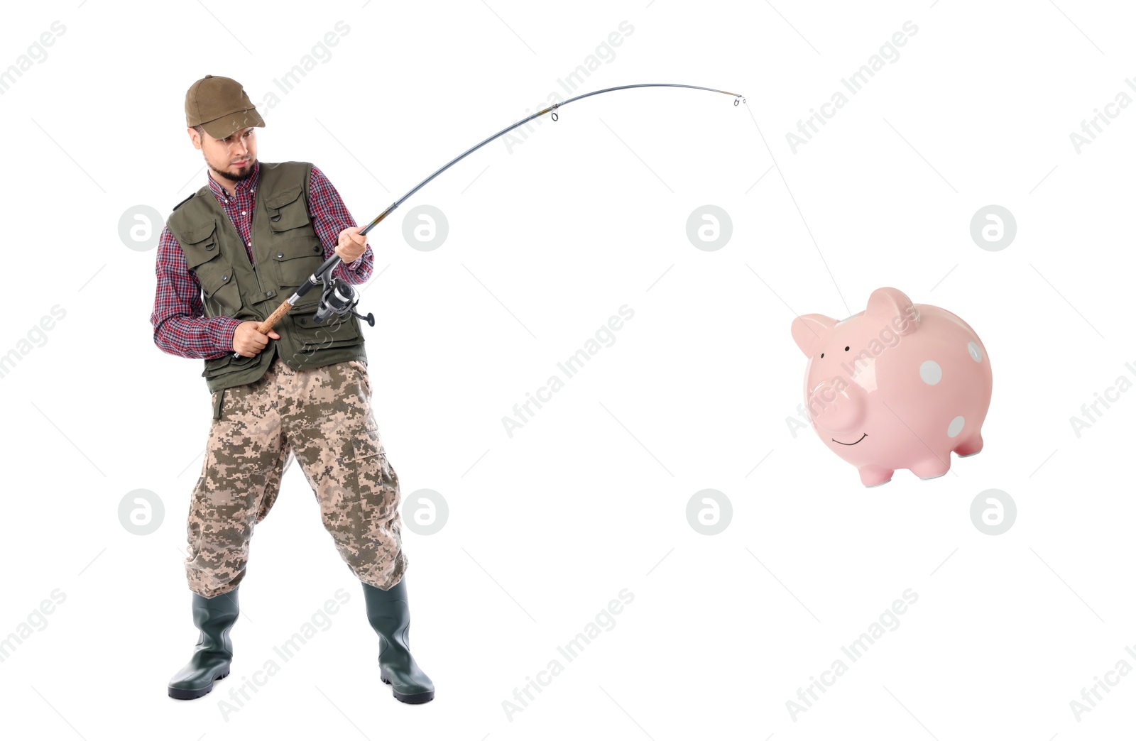 Image of Fisherman catching piggy bank with rod on white background. Money chase, business success concepts