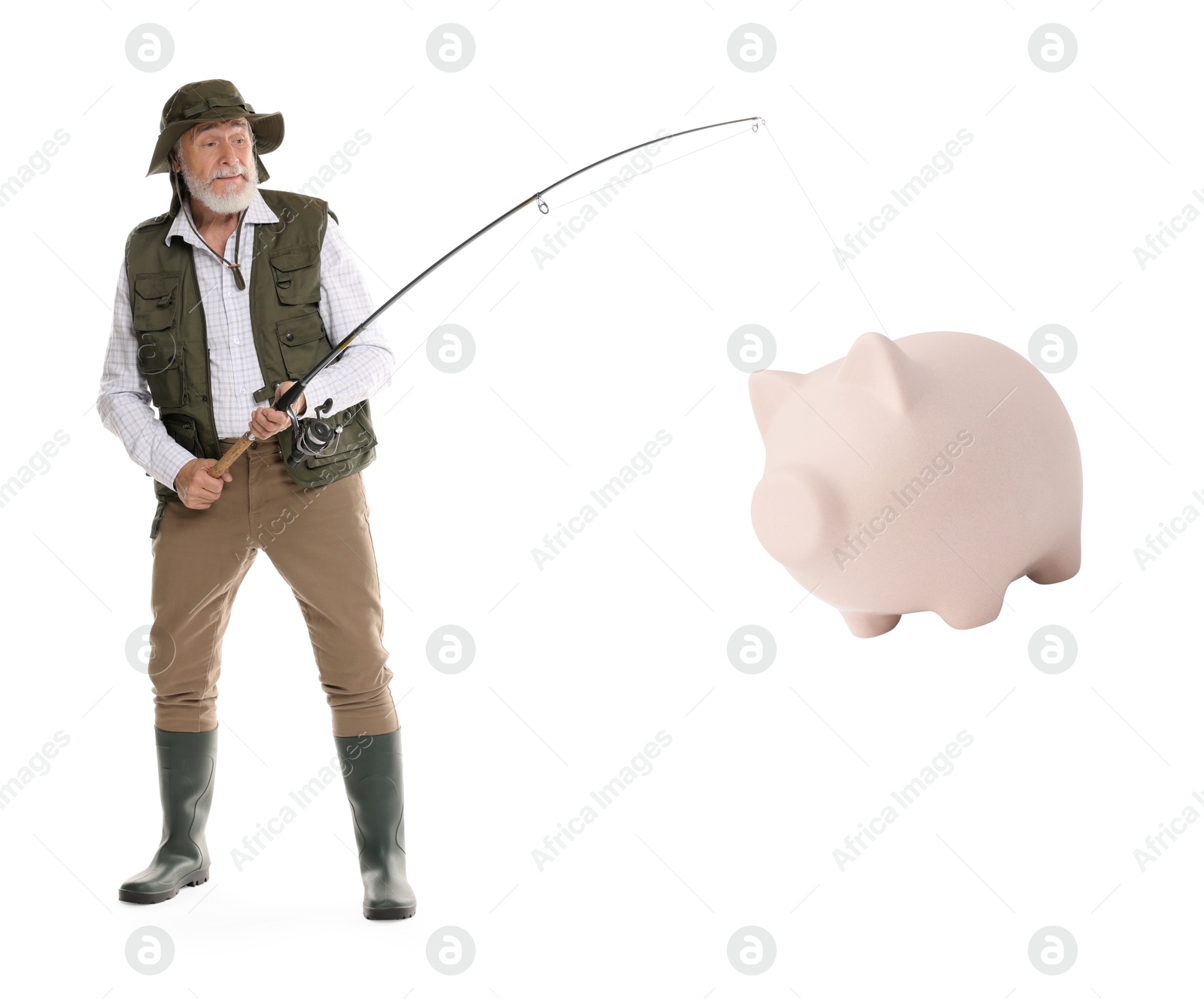 Image of Fisherman catching piggy bank with rod on white background. Money chase, business success concepts