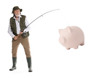 Image of Fisherman catching piggy bank with rod on white background. Money chase, business success concepts