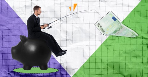 Businessman sitting on piggy bank and catching euro banknote with fishing rod, creative collage. Colorful squared paper as background. Money chase, business success concepts