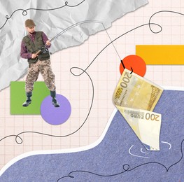 Image of Fisherman catching euro banknote with rod, creative collage. Different paper sheets as background. Money chase, business success concepts