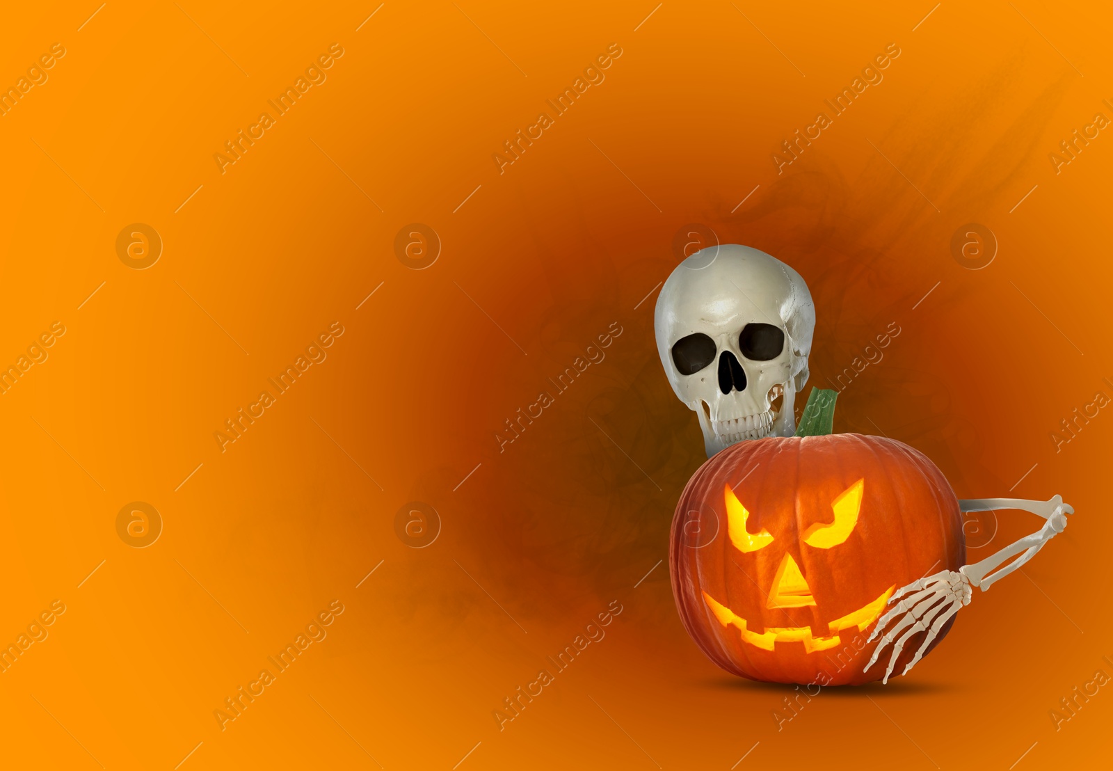 Image of Scary skeleton hugging spooky jack o'lantern on orange background, space for text. Halloween celebration