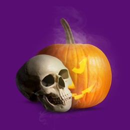 Image of Spooky glowing jack o'lantern and scary skull on purple background. Halloween celebration