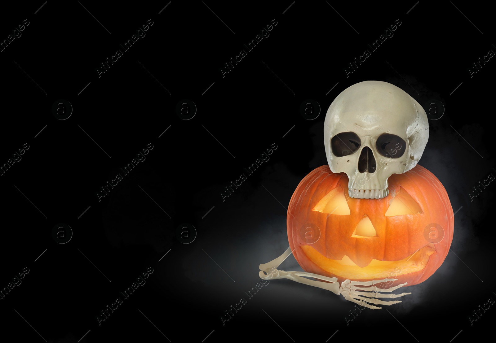 Image of Scary skeleton hugging spooky jack o'lantern on black background, space for text. Halloween celebration