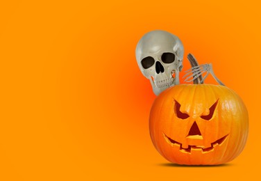 Image of Scary skeleton touching spooky jack o'lantern on orange background, space for text. Halloween celebration