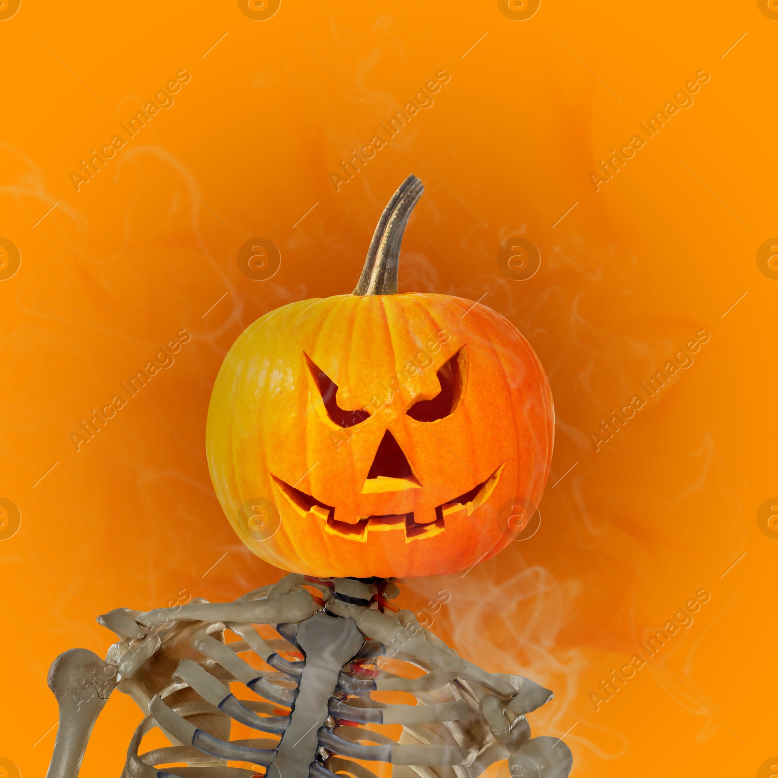 Image of Skeleton with spooky pumpkin head on orange background. Halloween celebration