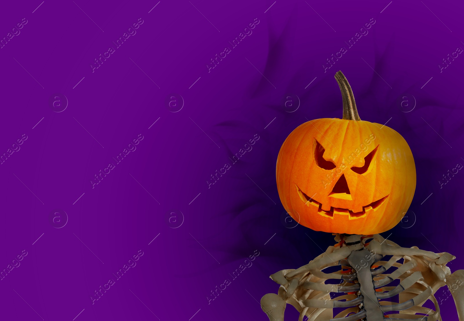 Image of Skeleton with spooky pumpkin head on purple background, space for text. Halloween celebration