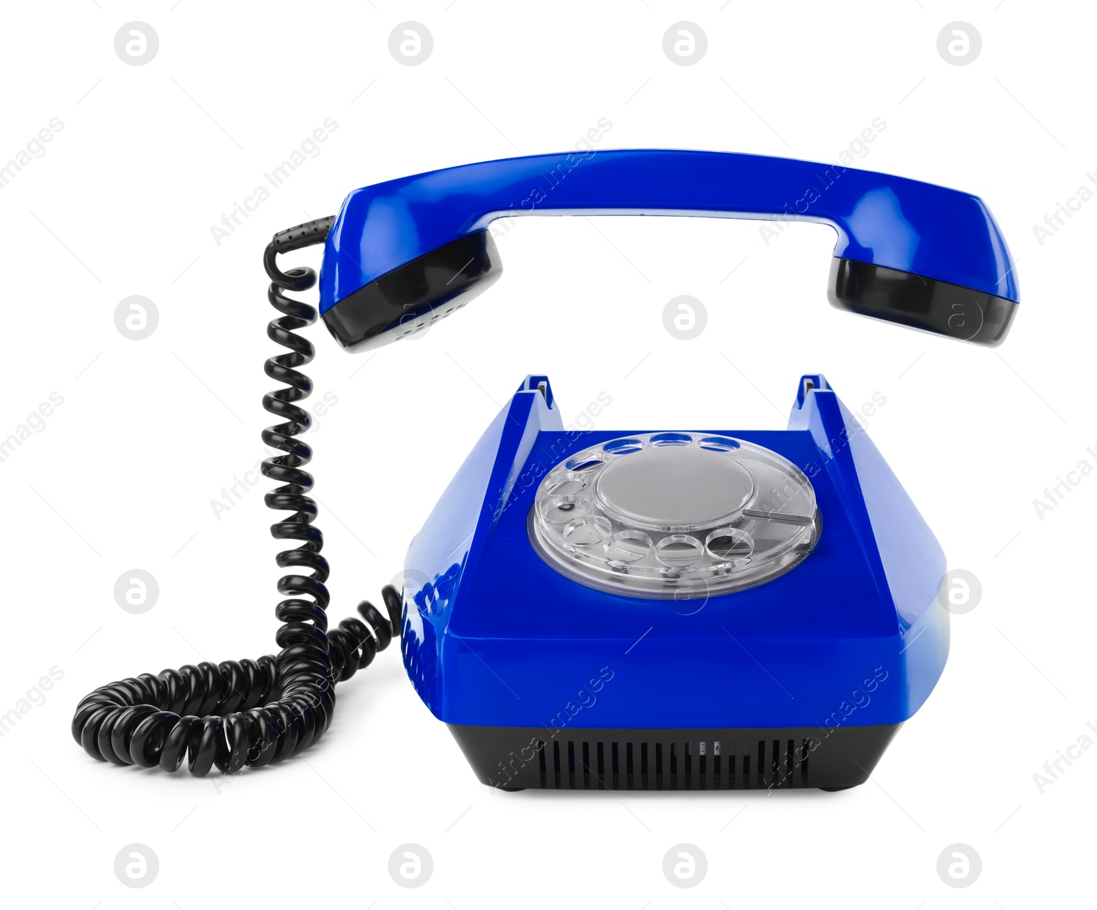 Image of Old blue telephone with rotary dial isolated on white