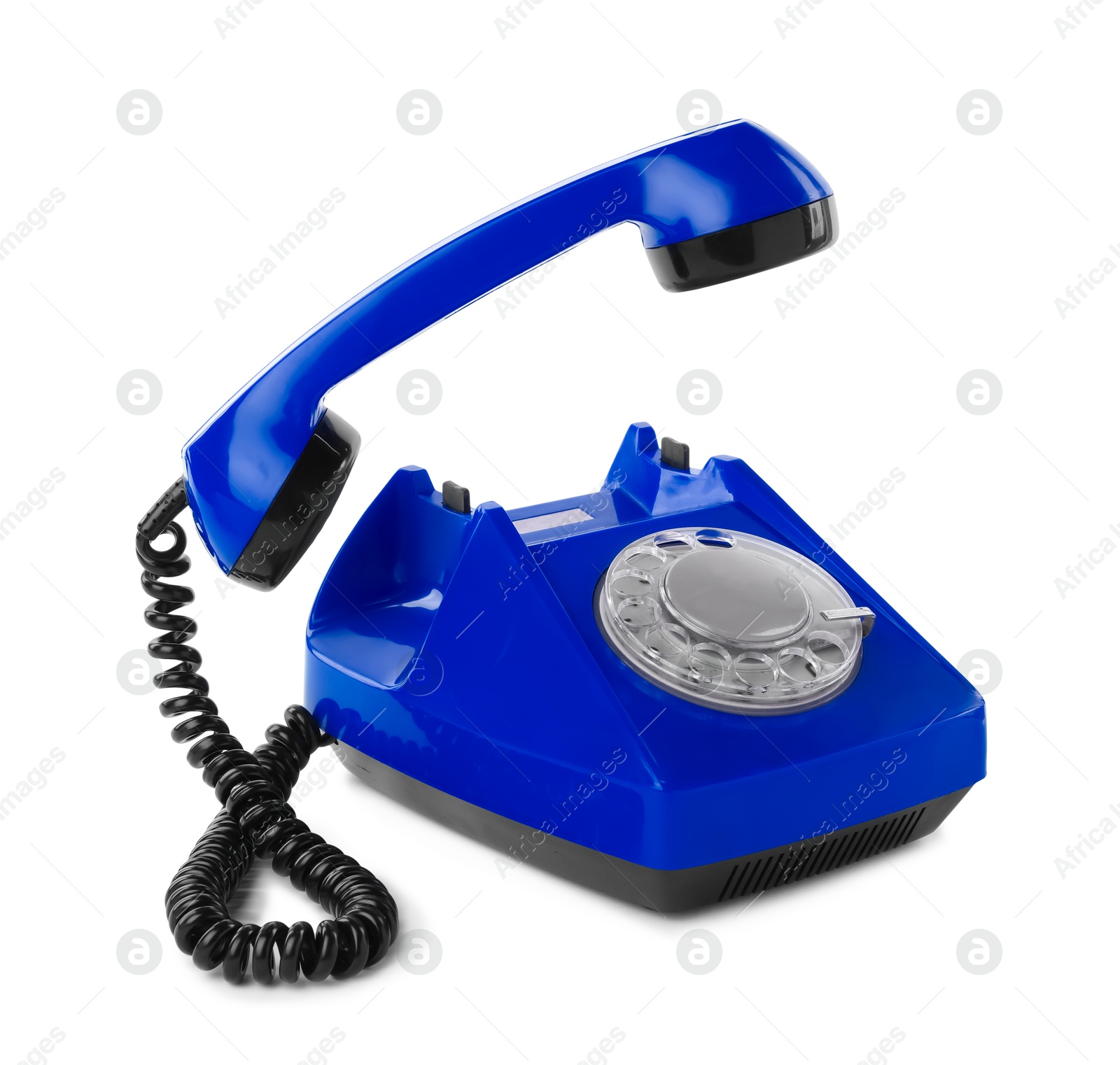 Image of Old blue telephone with rotary dial isolated on white