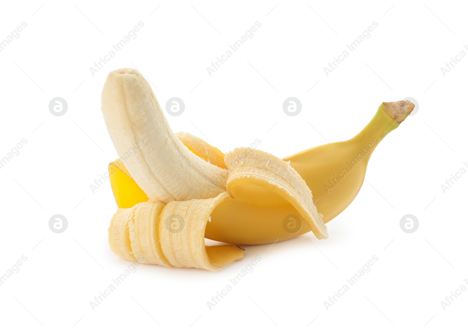 Photo of Peeled delicious ripe banana isolated on white