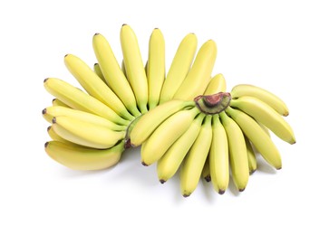 Photo of Bunches of ripe baby bananas on white background