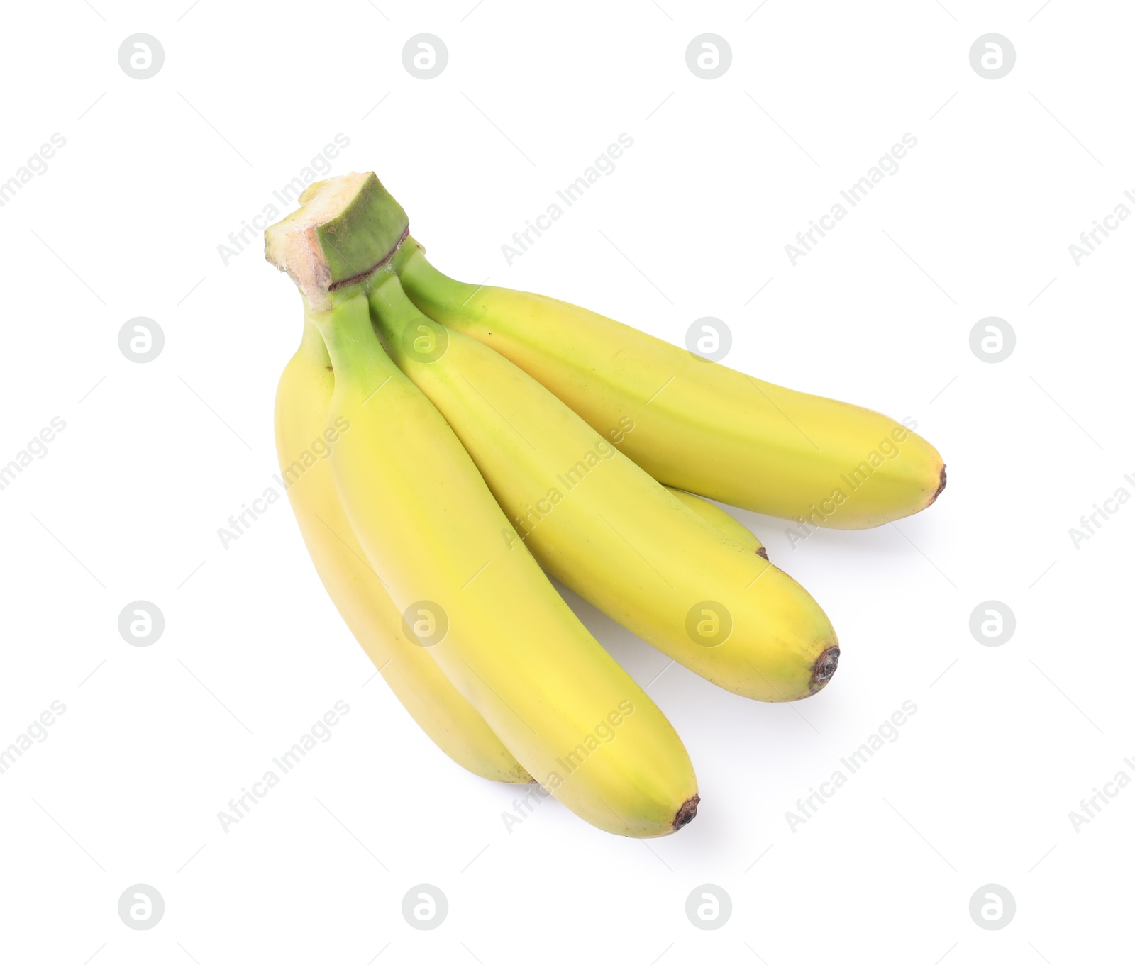 Photo of Cluster of ripe baby bananas on white background