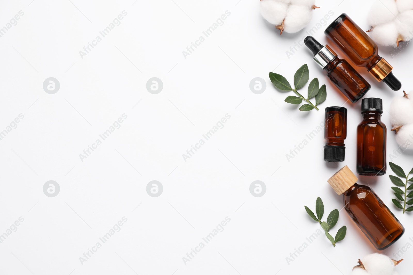 Photo of Different cosmetic products, cotton flowers and leaves on white background, flat lay. Space for text