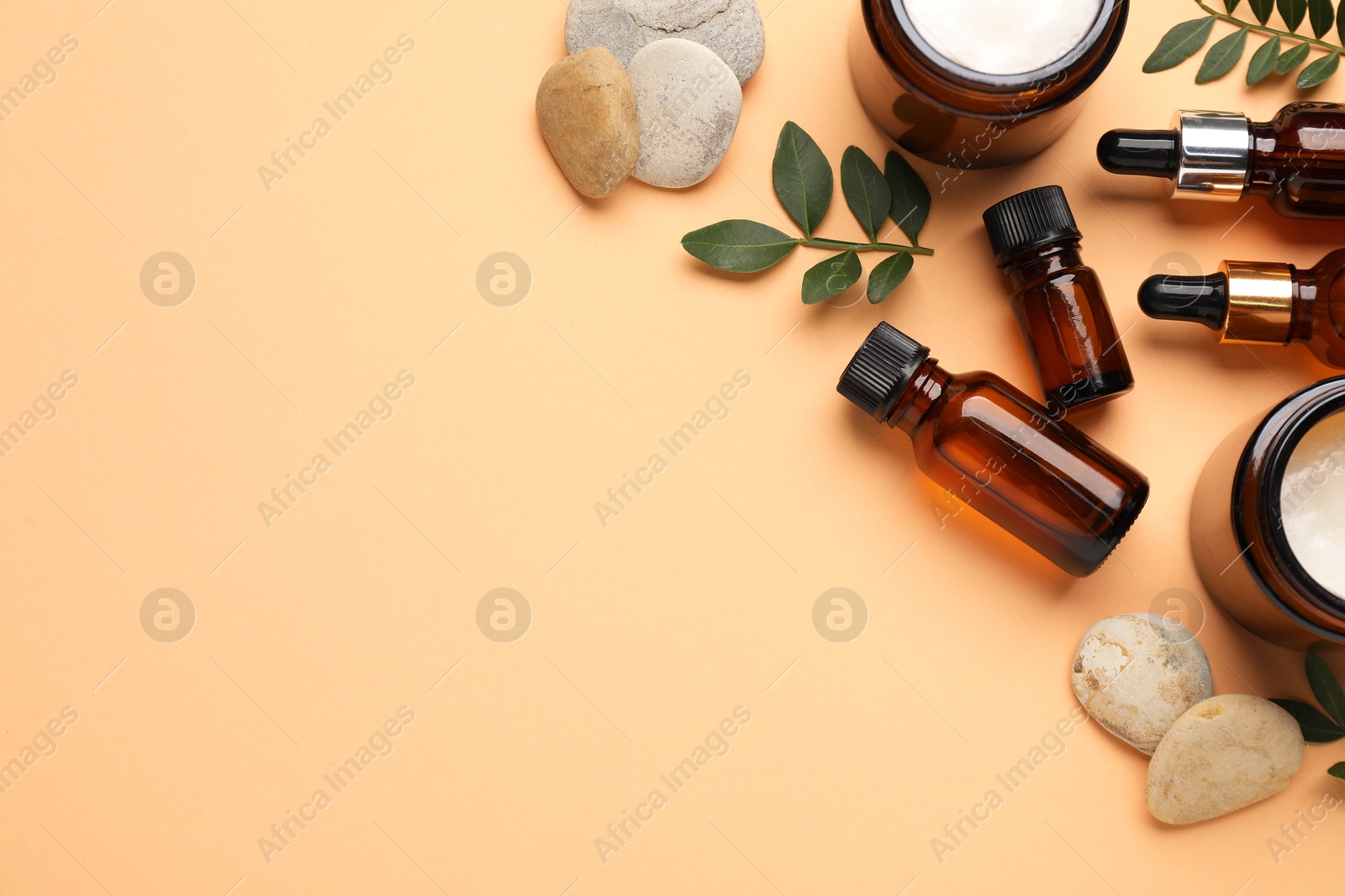 Photo of Different cosmetic products and leaves on pale orange background, flat lay. Space for text