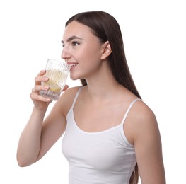 Woman drinking water with lemon on white background