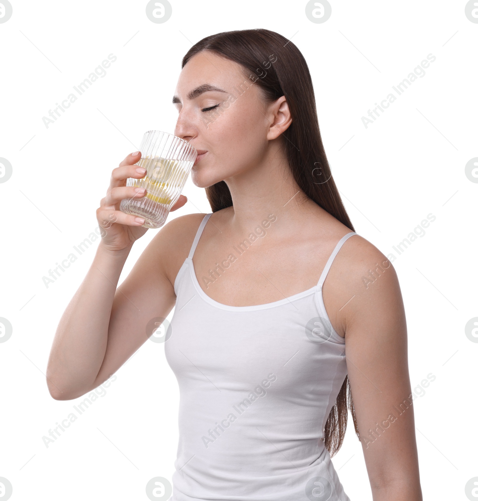 Photo of Woman drinking water with lemon on white background