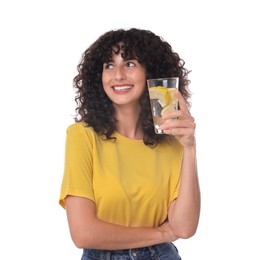 Photo of Woman with glass of lemon water on white background