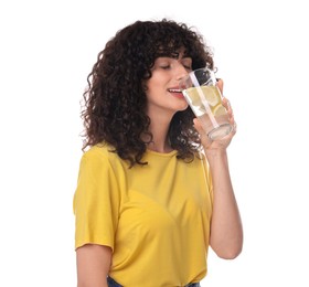 Woman drinking water with lemon on white background