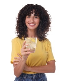 Photo of Woman with glass of lemon water on white background