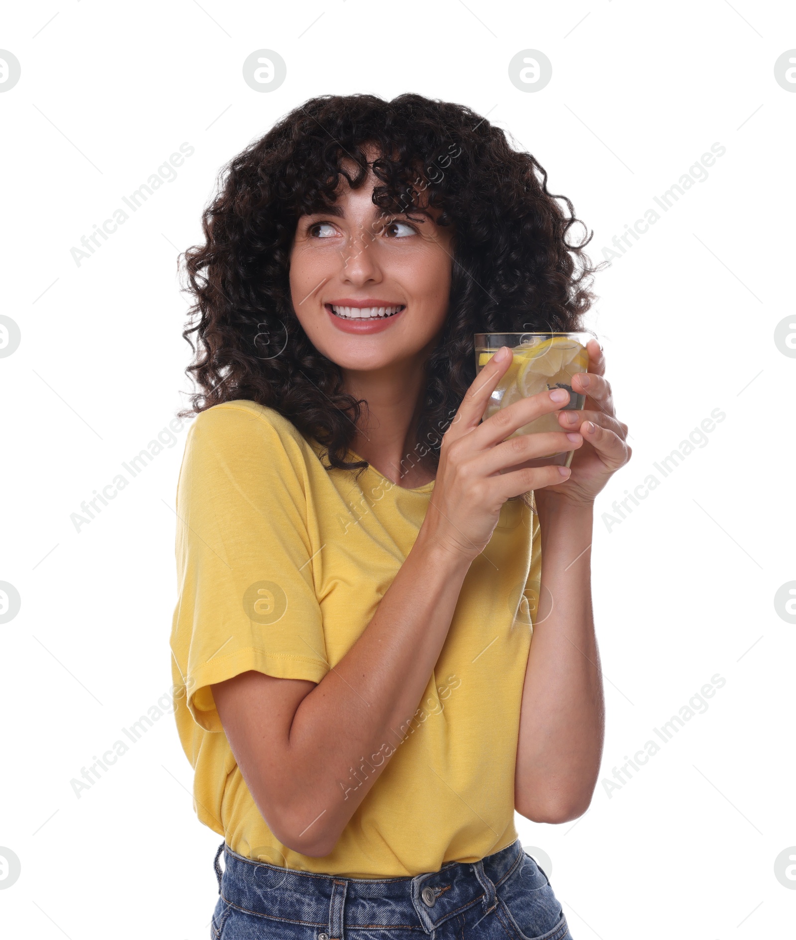 Photo of Woman with glass of lemon water on white background