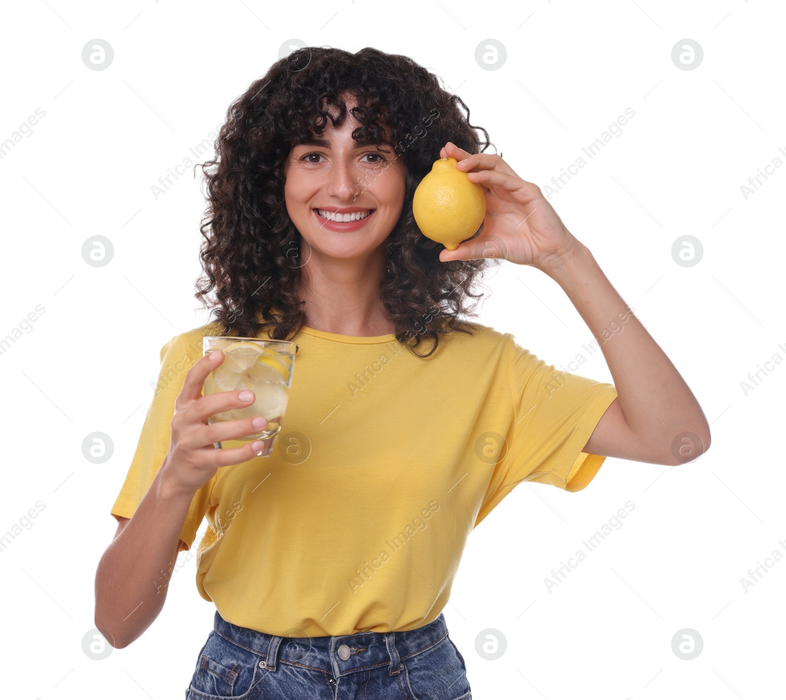 Photo of Happy woman with lemon water and fruit on white background