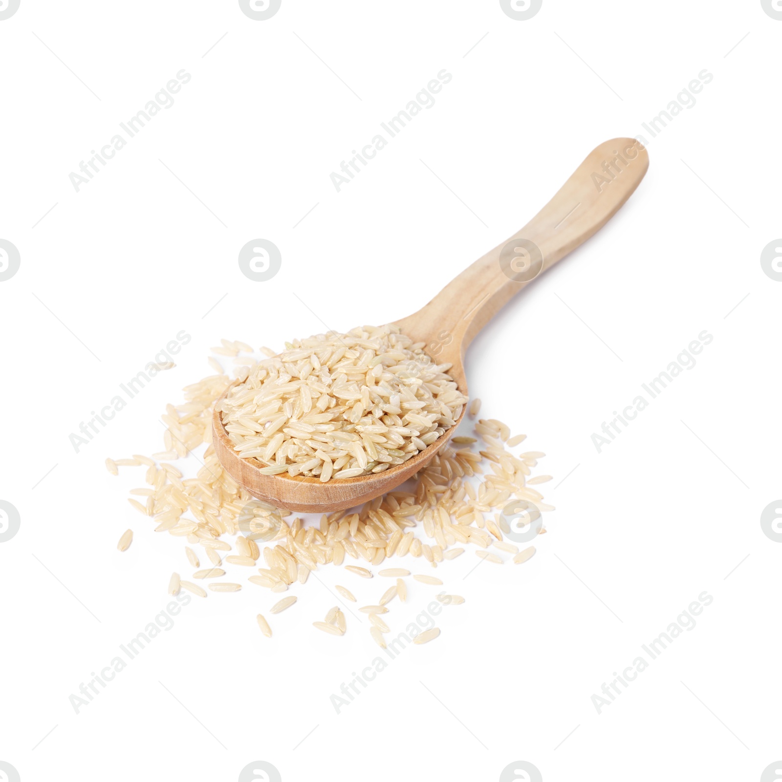 Photo of Raw rice in wooden spoon isolated on white