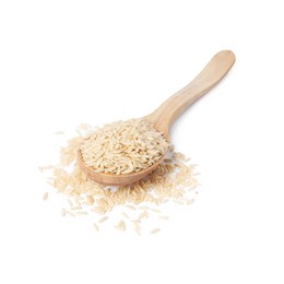 Photo of Raw rice in wooden spoon isolated on white